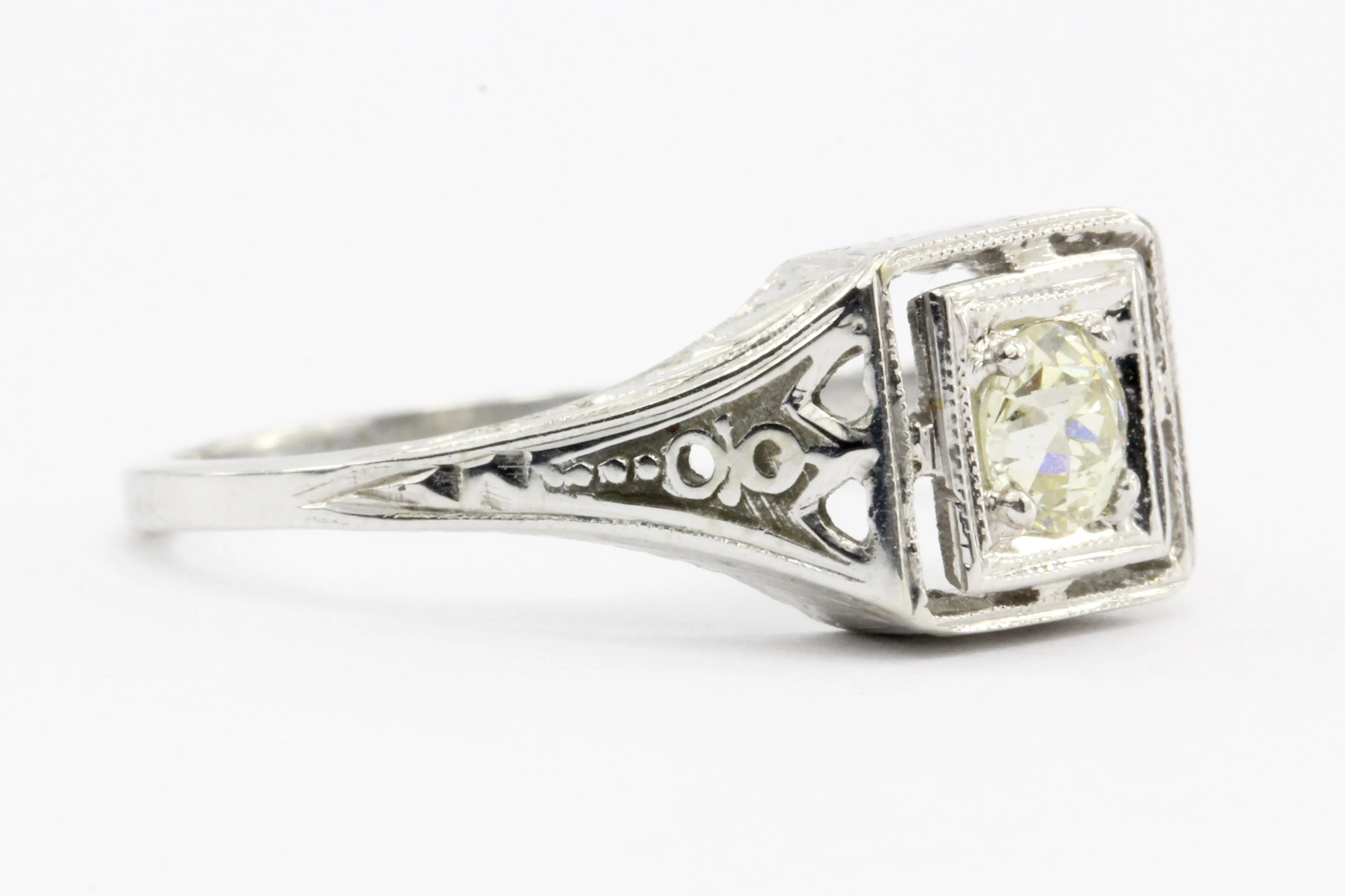 Art Deco Belais 18k White Gold .40CT Old Euro Fancy Yellow