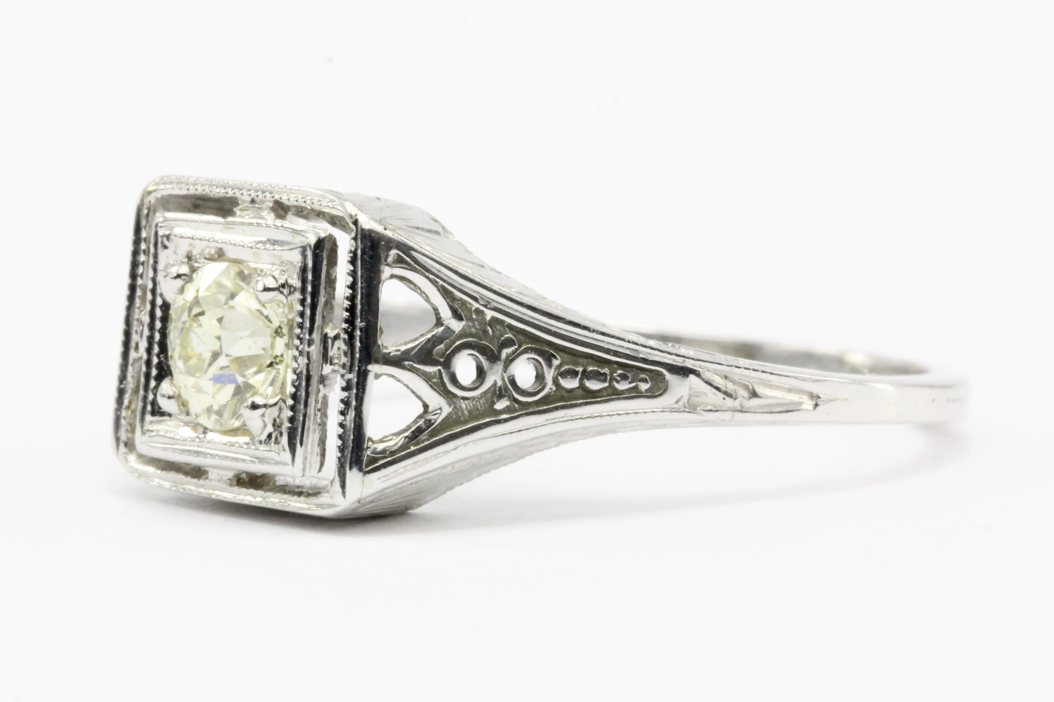 Art Deco Belais 18k White Gold .40CT Old Euro Fancy Yellow