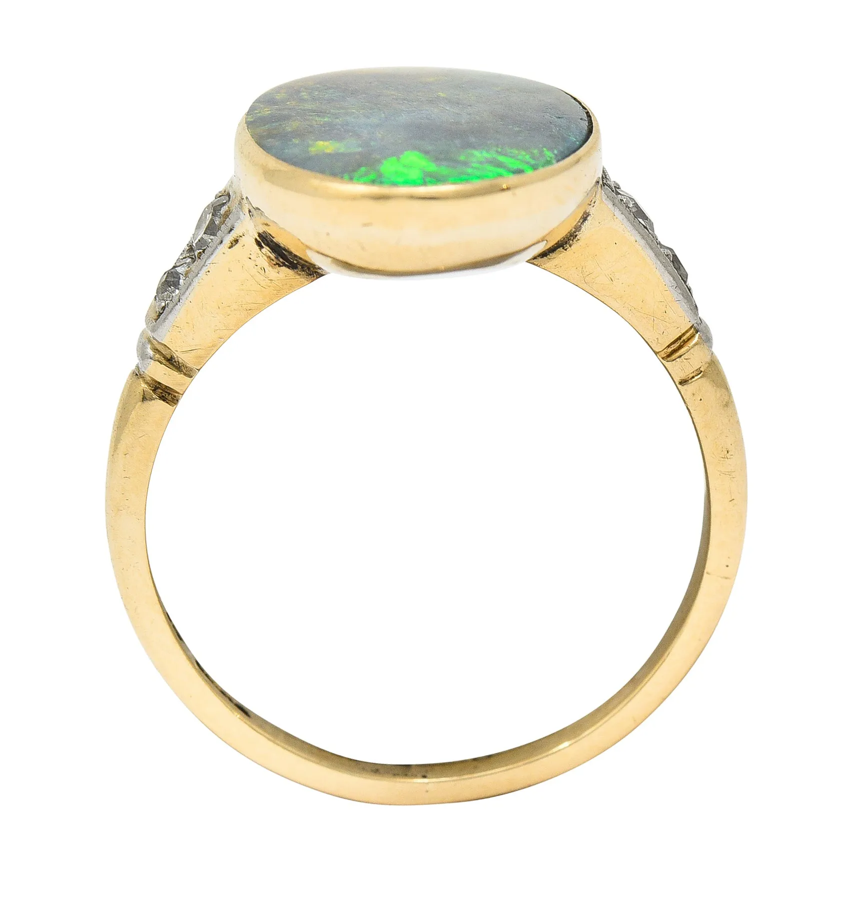 Art Deco Black Opal Diamond Platinum-Topped 14 Karat Gold Cabochon Ring