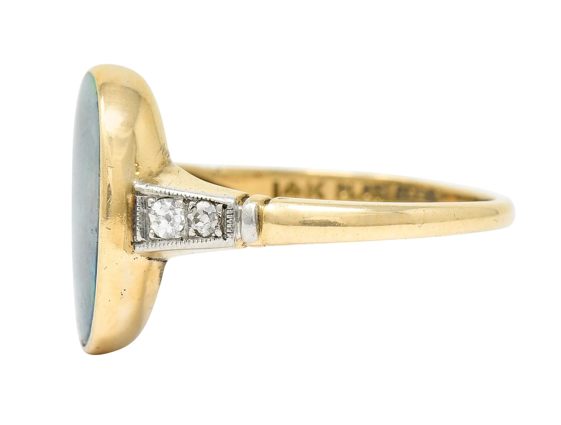 Art Deco Black Opal Diamond Platinum-Topped 14 Karat Gold Cabochon Ring