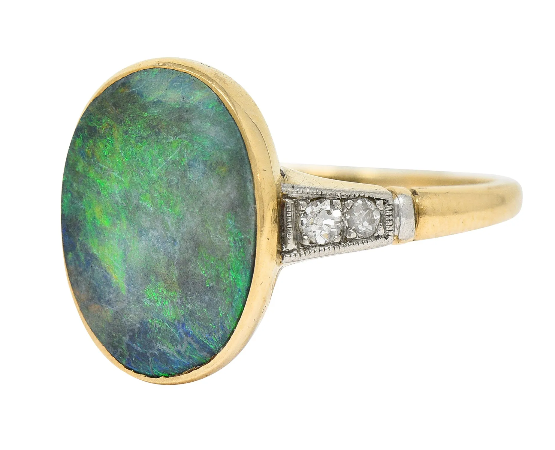Art Deco Black Opal Diamond Platinum-Topped 14 Karat Gold Cabochon Ring