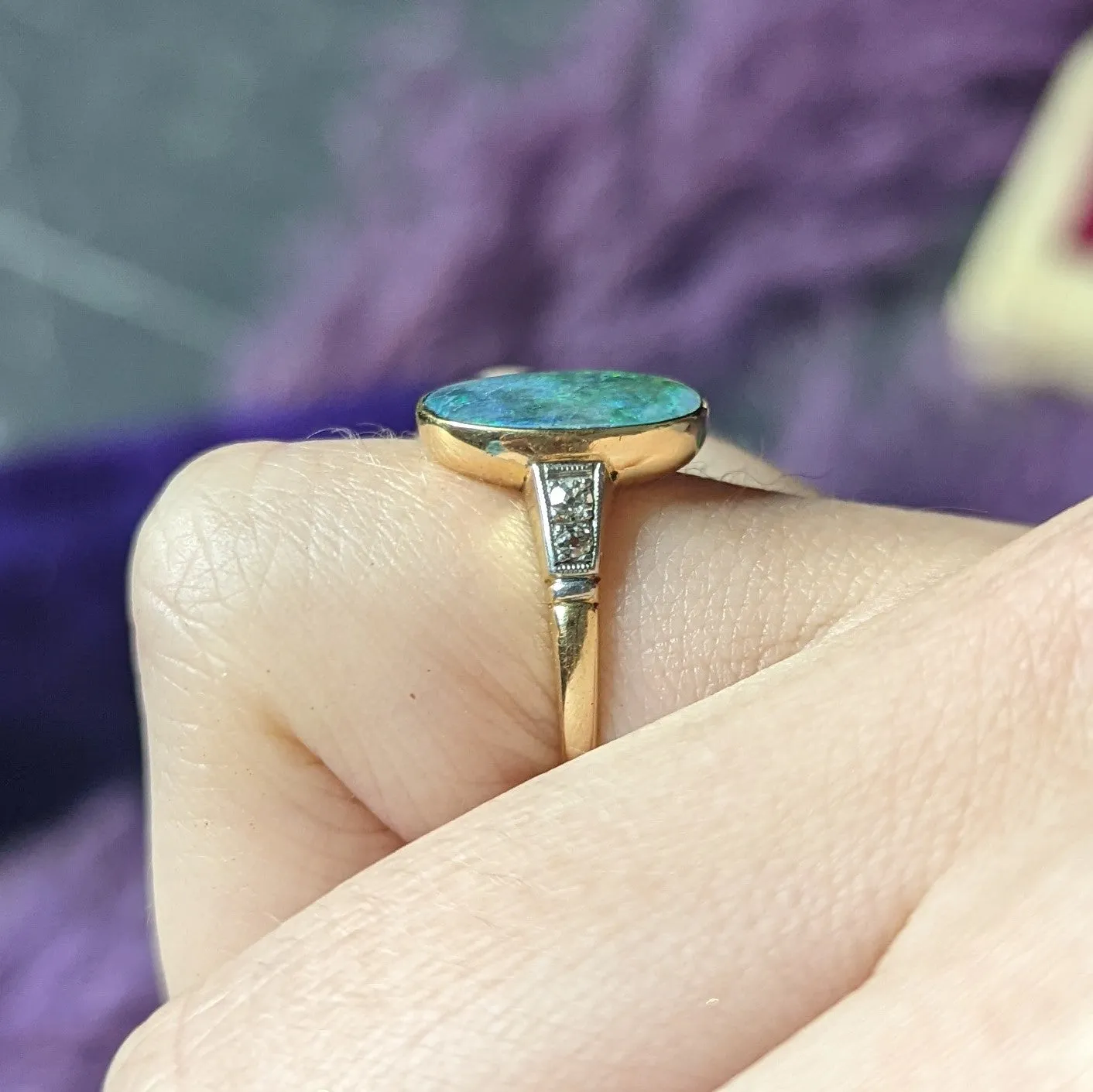 Art Deco Black Opal Diamond Platinum-Topped 14 Karat Gold Cabochon Ring