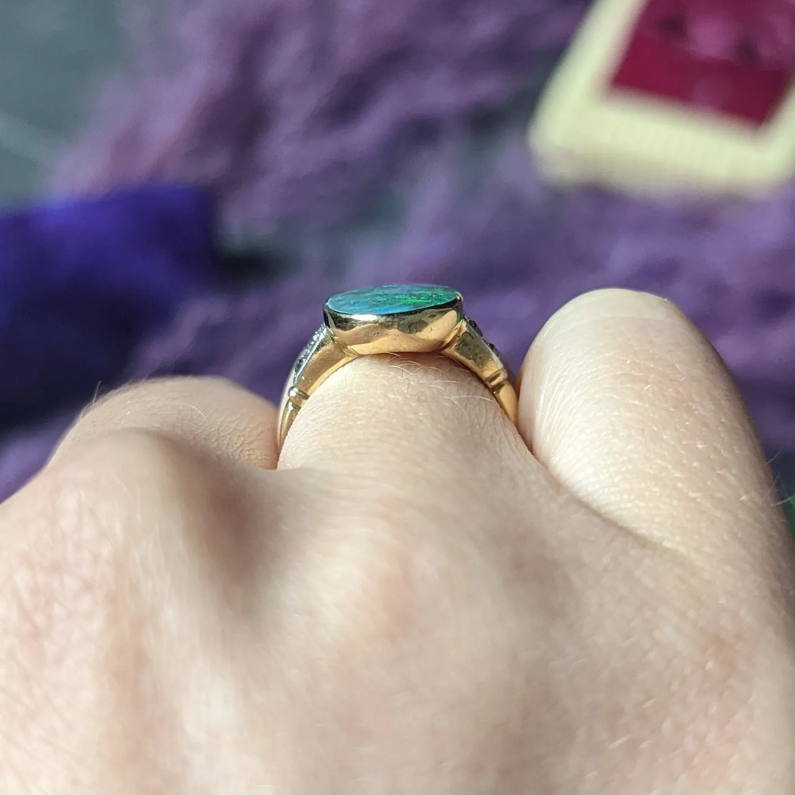 Art Deco Black Opal Diamond Platinum-Topped 14 Karat Gold Cabochon Ring