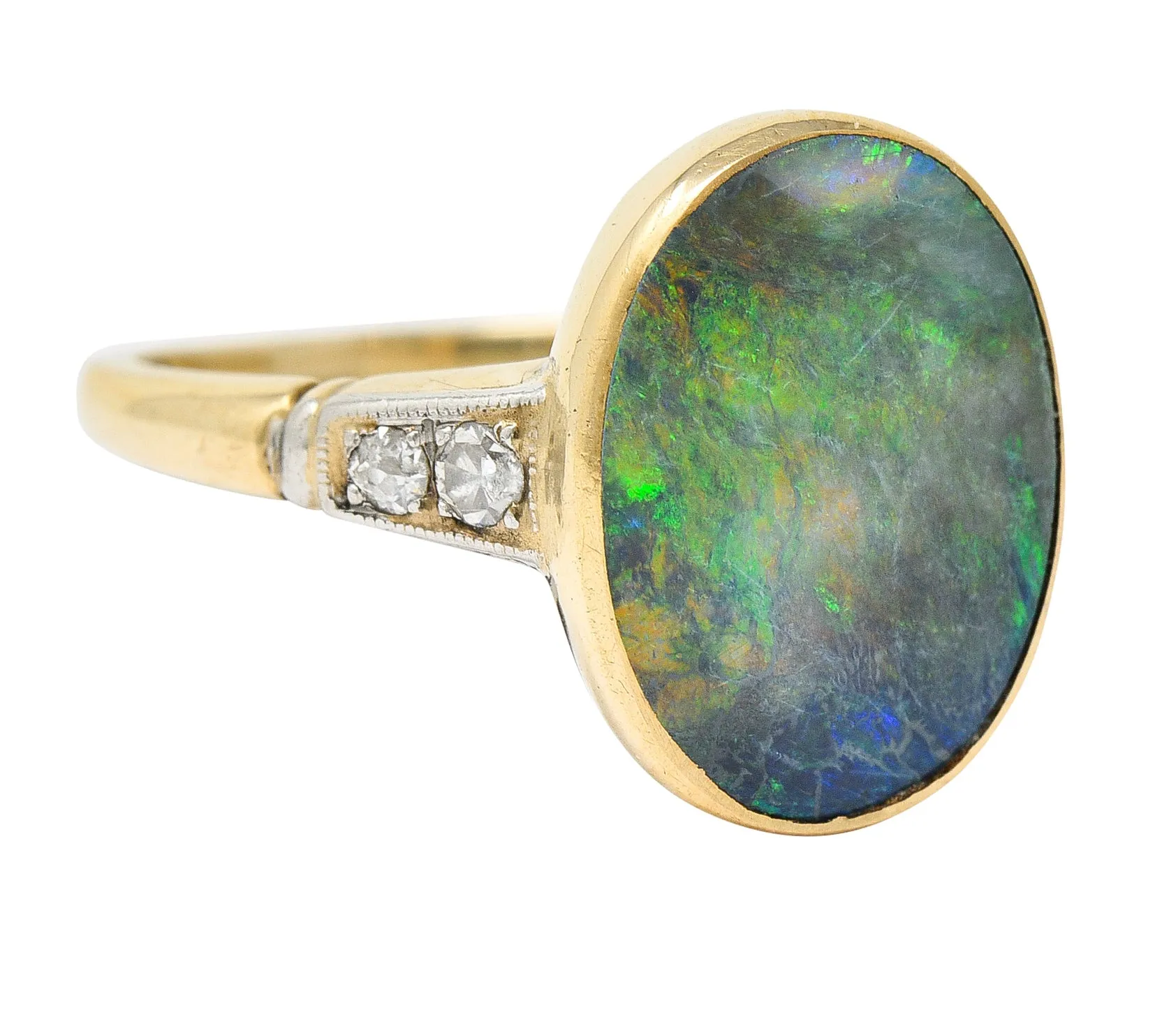 Art Deco Black Opal Diamond Platinum-Topped 14 Karat Gold Cabochon Ring