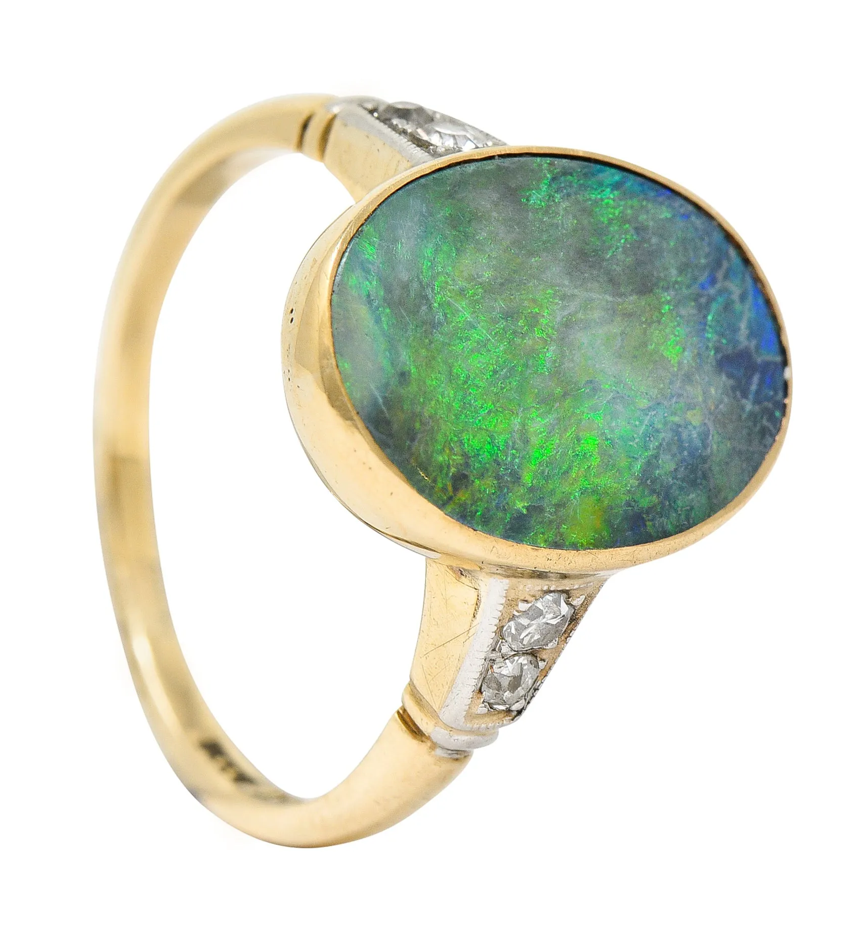 Art Deco Black Opal Diamond Platinum-Topped 14 Karat Gold Cabochon Ring