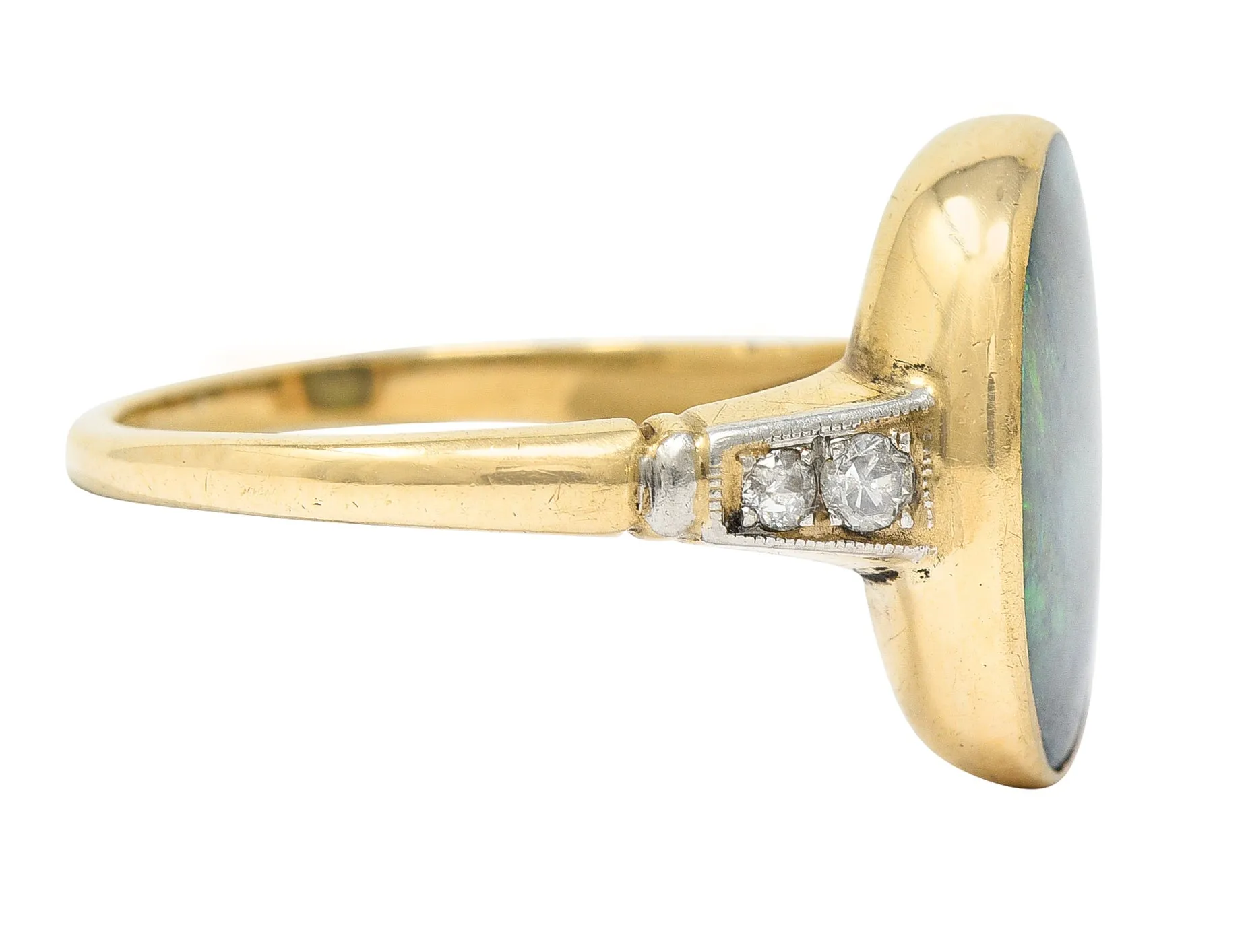 Art Deco Black Opal Diamond Platinum-Topped 14 Karat Gold Cabochon Ring