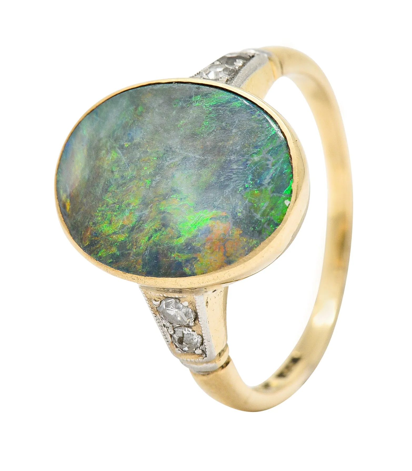Art Deco Black Opal Diamond Platinum-Topped 14 Karat Gold Cabochon Ring