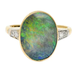 Art Deco Black Opal Diamond Platinum-Topped 14 Karat Gold Cabochon Ring