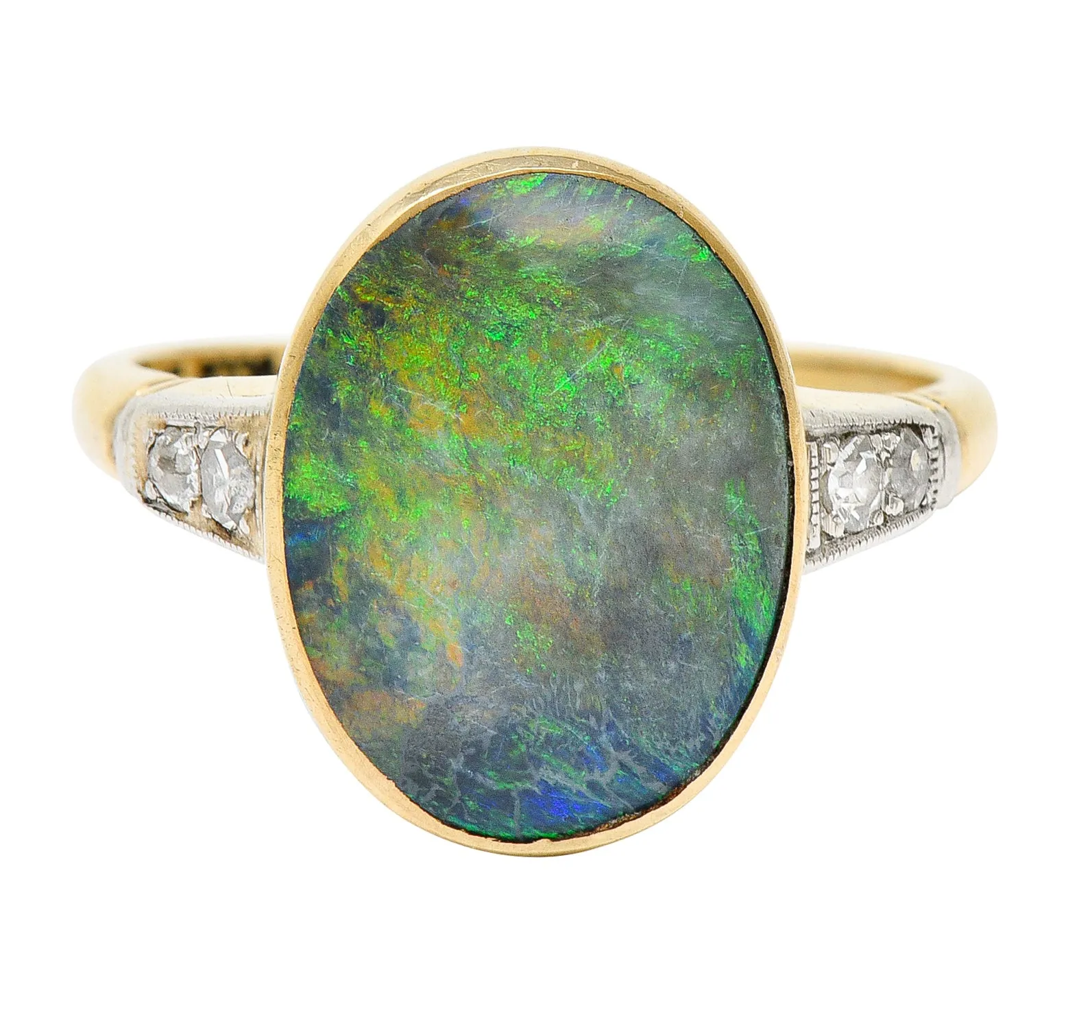 Art Deco Black Opal Diamond Platinum-Topped 14 Karat Gold Cabochon Ring
