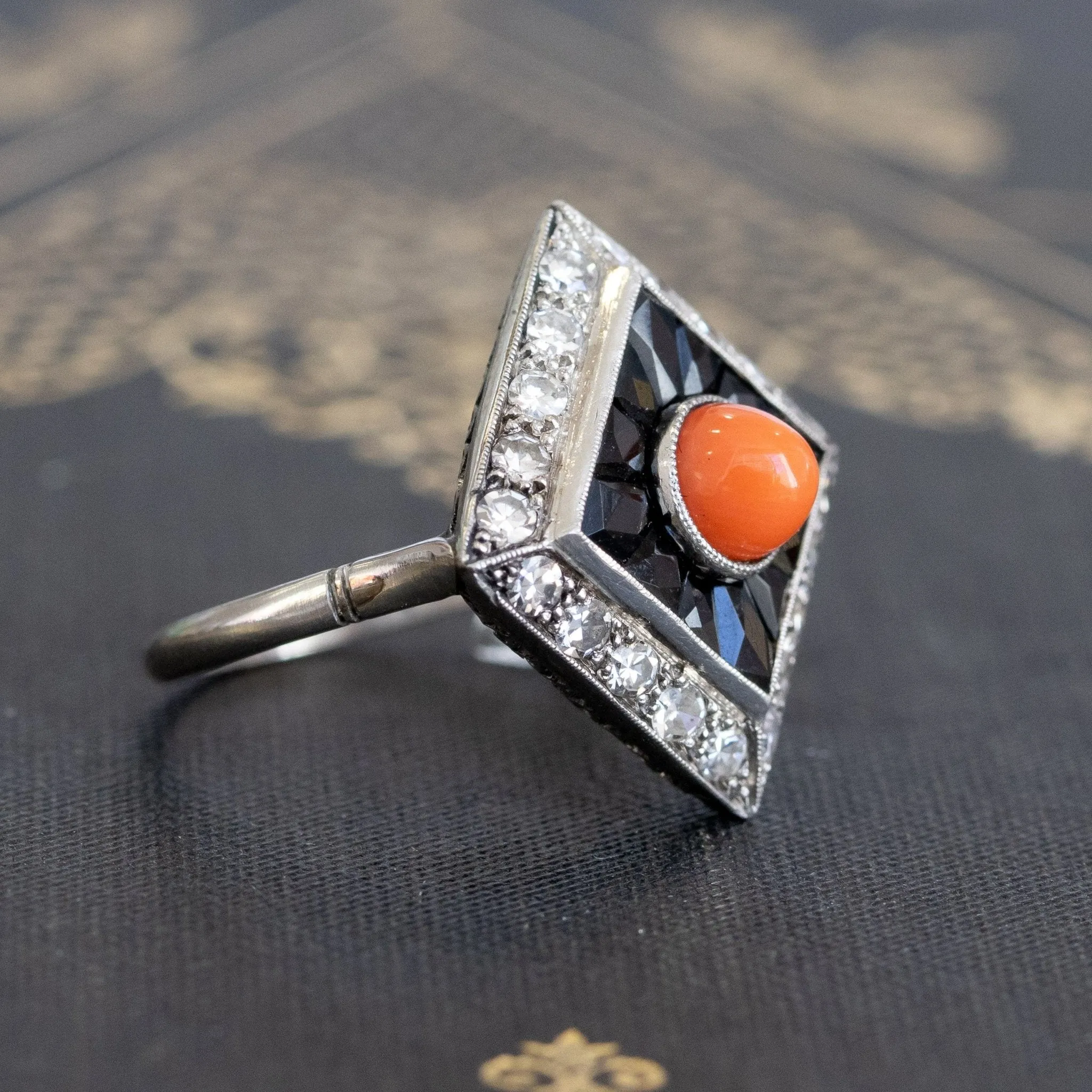 Art Deco Coral, Onyx & Diamond Dinner Ring