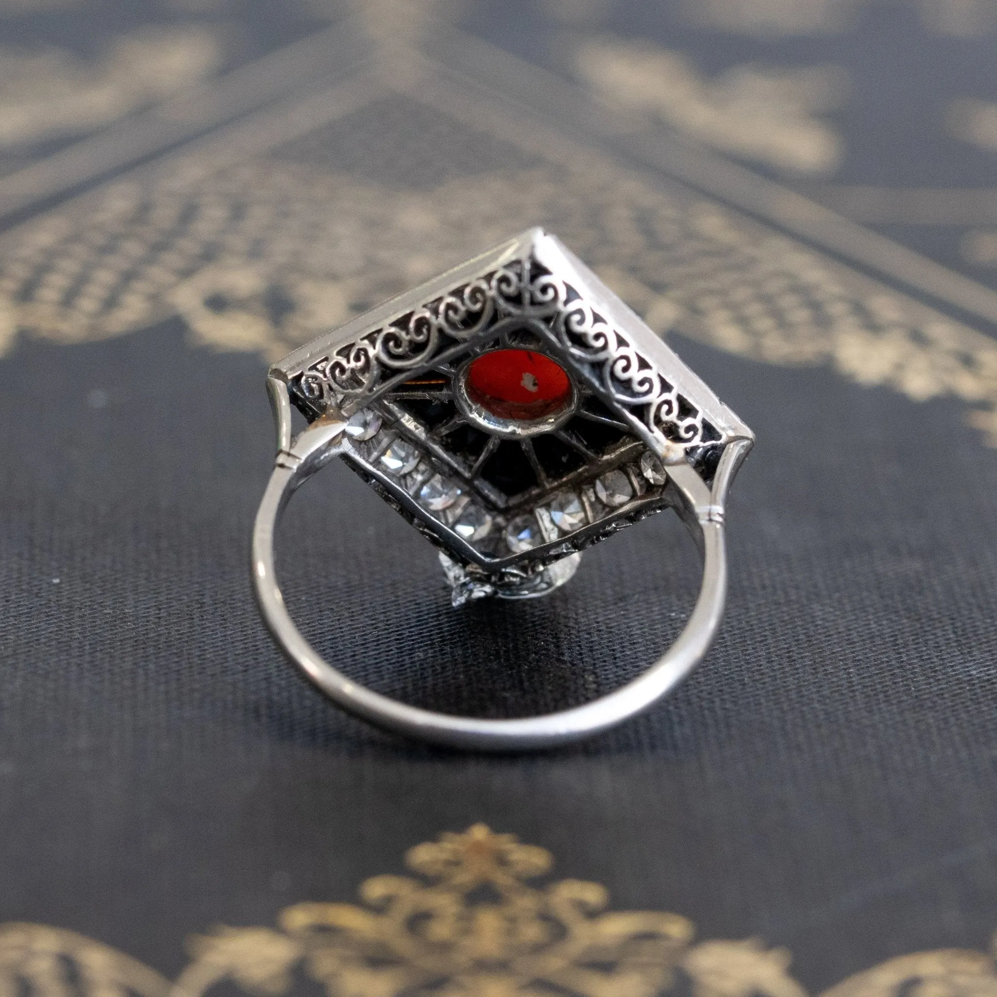 Art Deco Coral, Onyx & Diamond Dinner Ring