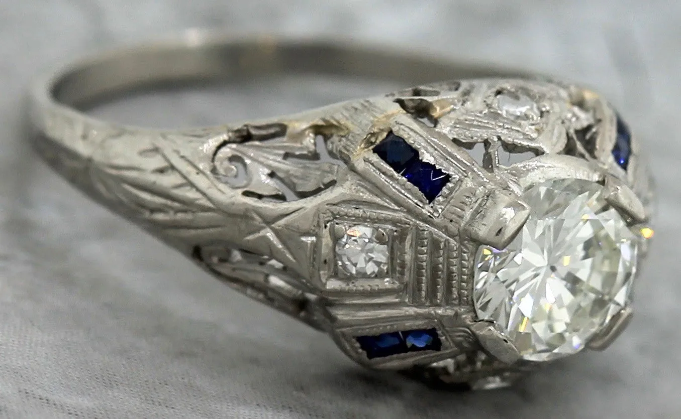 Art Deco Filigree Platinum 0.80ctw Diamond Sapphire Engagement Ring EGL USA