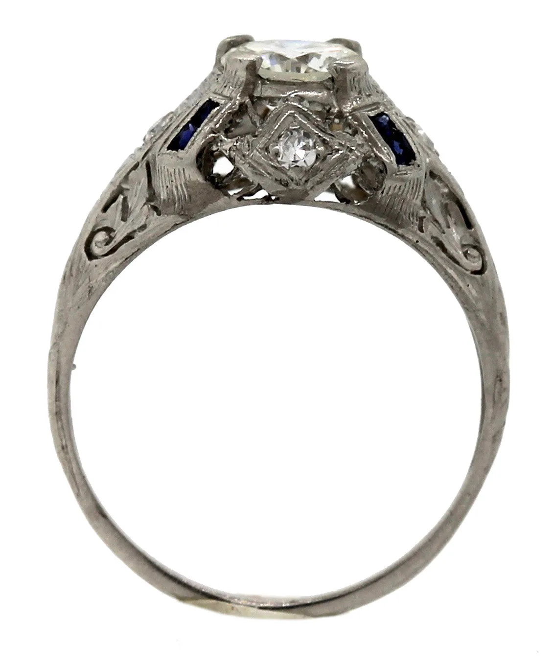 Art Deco Filigree Platinum 0.80ctw Diamond Sapphire Engagement Ring EGL USA