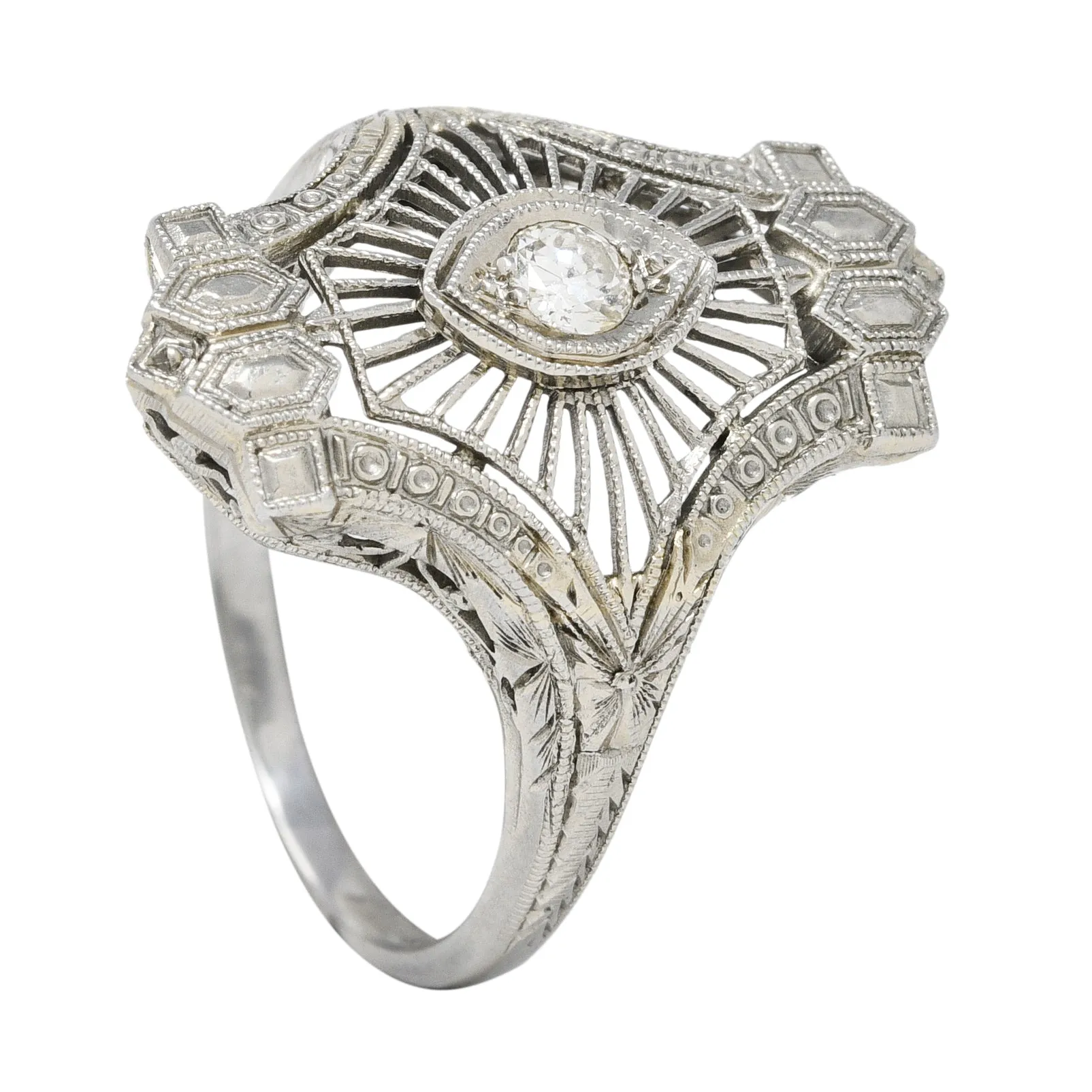 Art Deco Old European Cut Diamond 18 Karat White Gold Wheat Vintage Dinner Ring