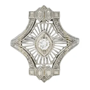 Art Deco Old European Cut Diamond 18 Karat White Gold Wheat Vintage Dinner Ring