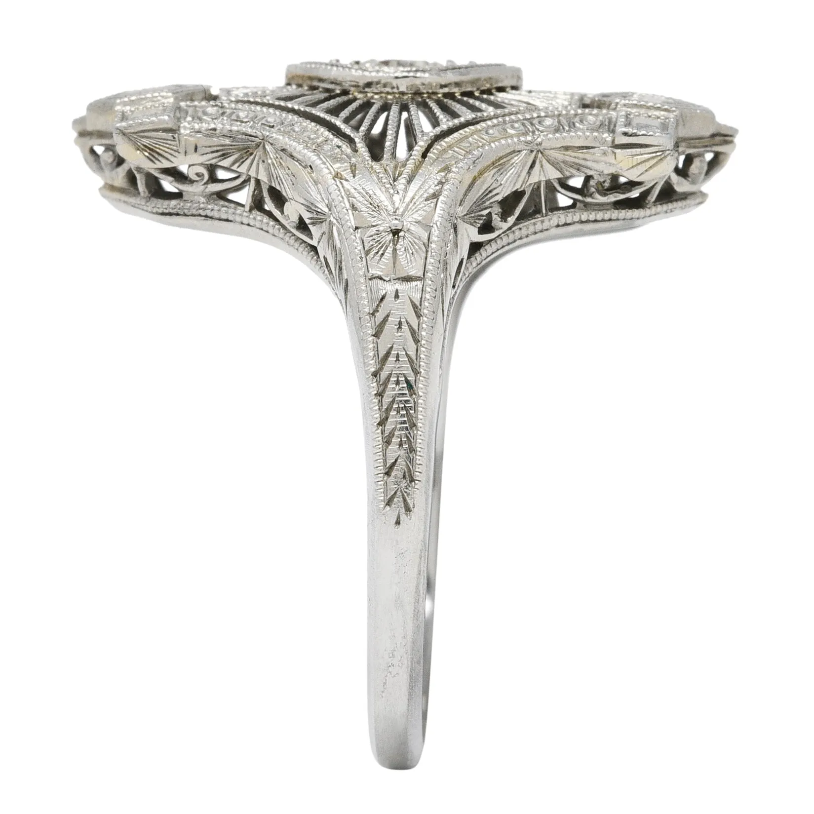 Art Deco Old European Cut Diamond 18 Karat White Gold Wheat Vintage Dinner Ring