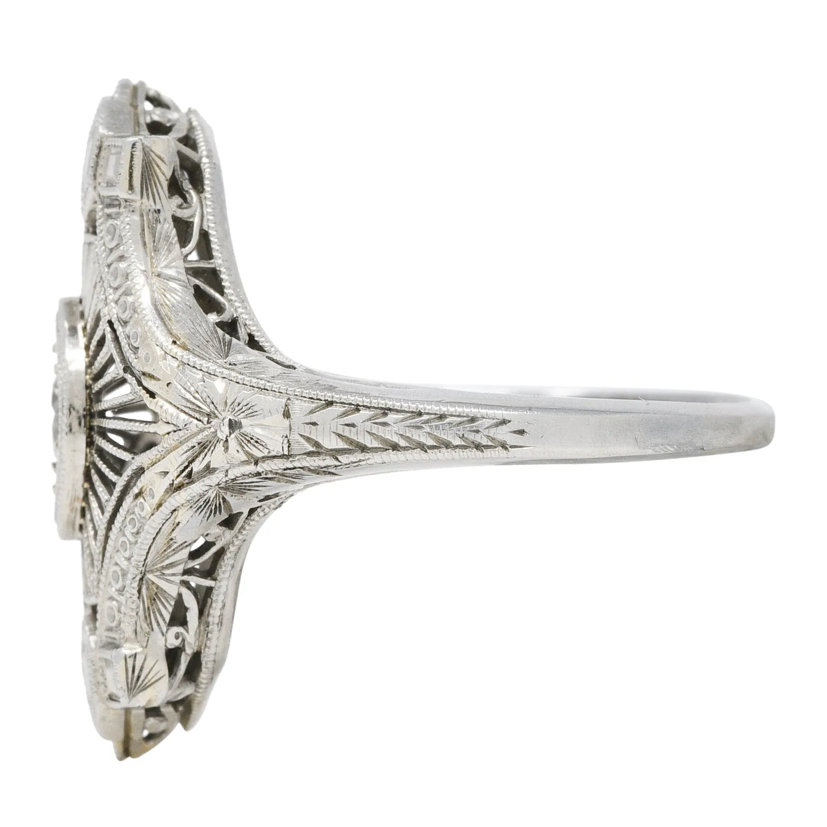 Art Deco Old European Cut Diamond 18 Karat White Gold Wheat Vintage Dinner Ring