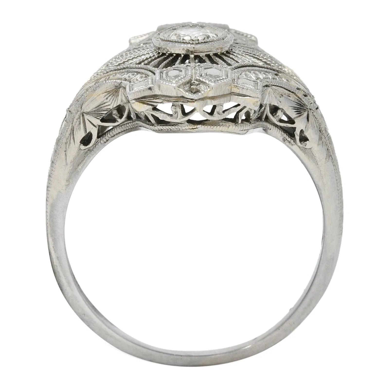 Art Deco Old European Cut Diamond 18 Karat White Gold Wheat Vintage Dinner Ring