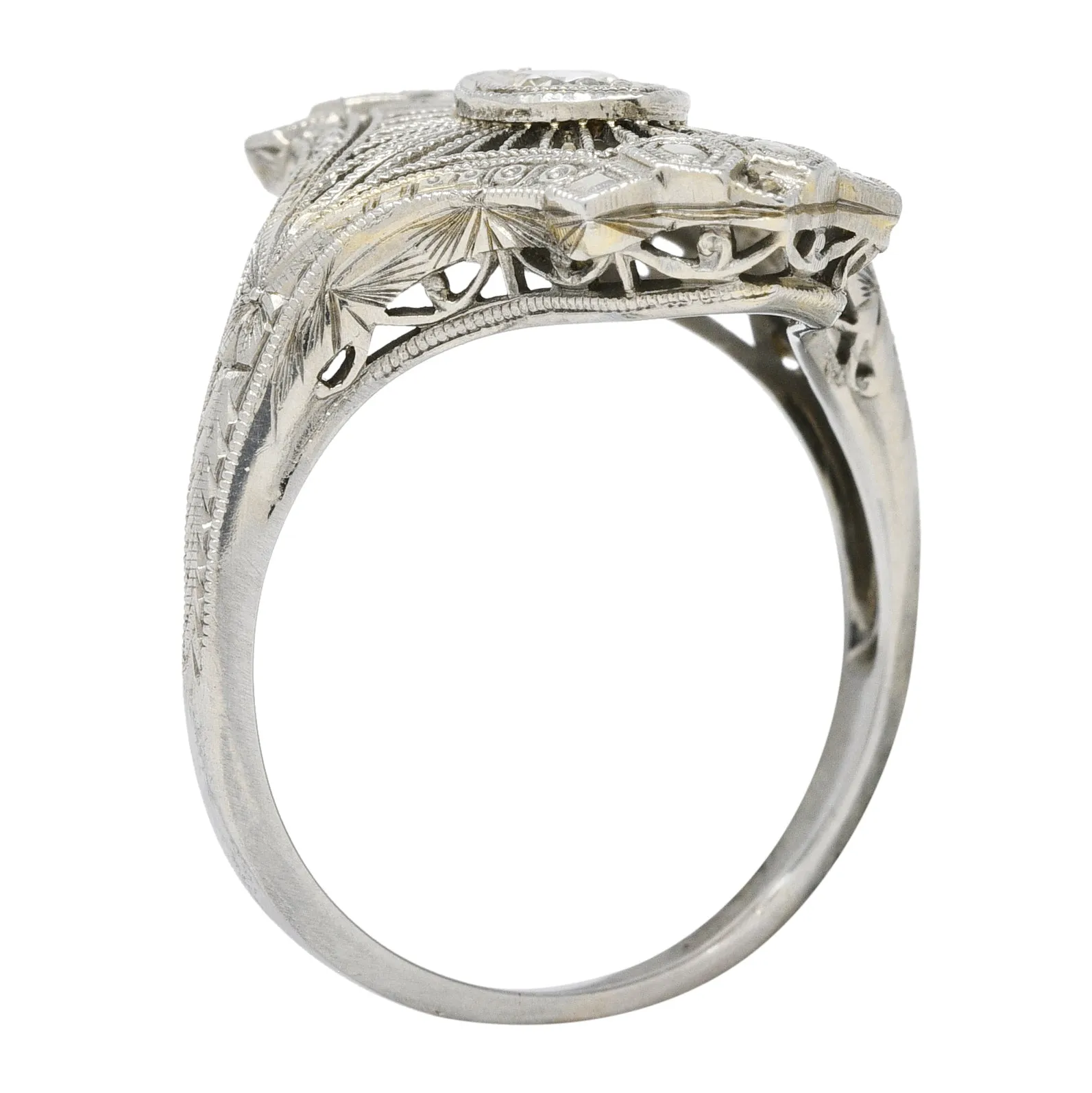 Art Deco Old European Cut Diamond 18 Karat White Gold Wheat Vintage Dinner Ring