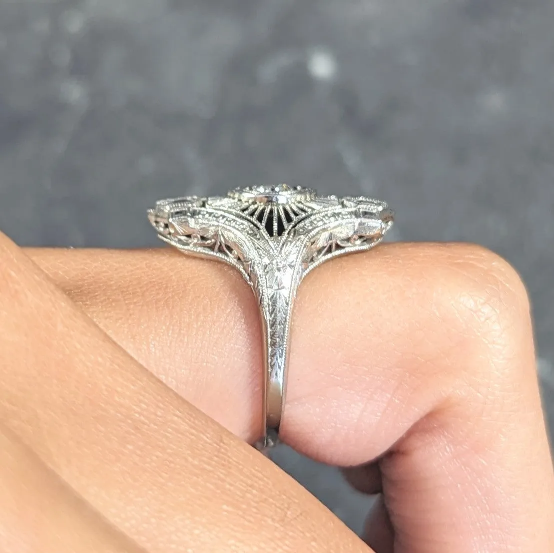 Art Deco Old European Cut Diamond 18 Karat White Gold Wheat Vintage Dinner Ring
