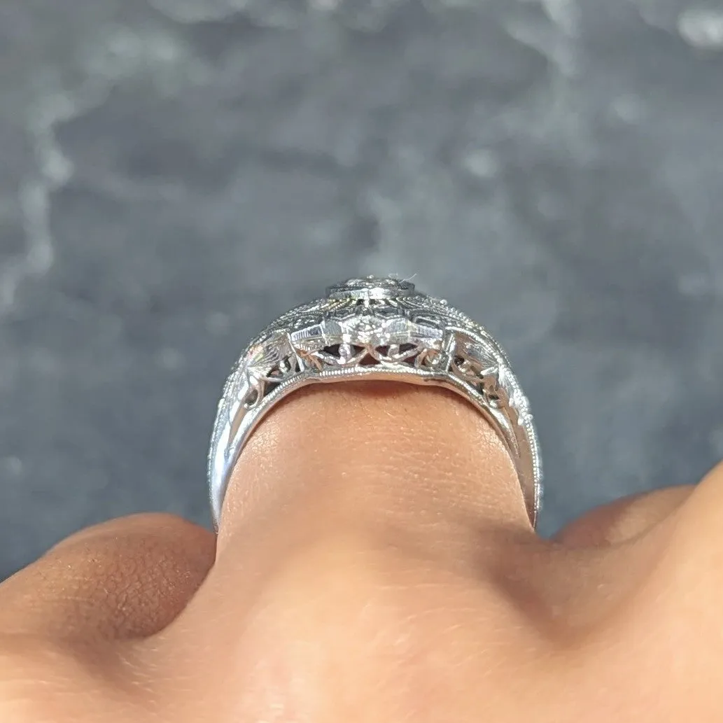 Art Deco Old European Cut Diamond 18 Karat White Gold Wheat Vintage Dinner Ring