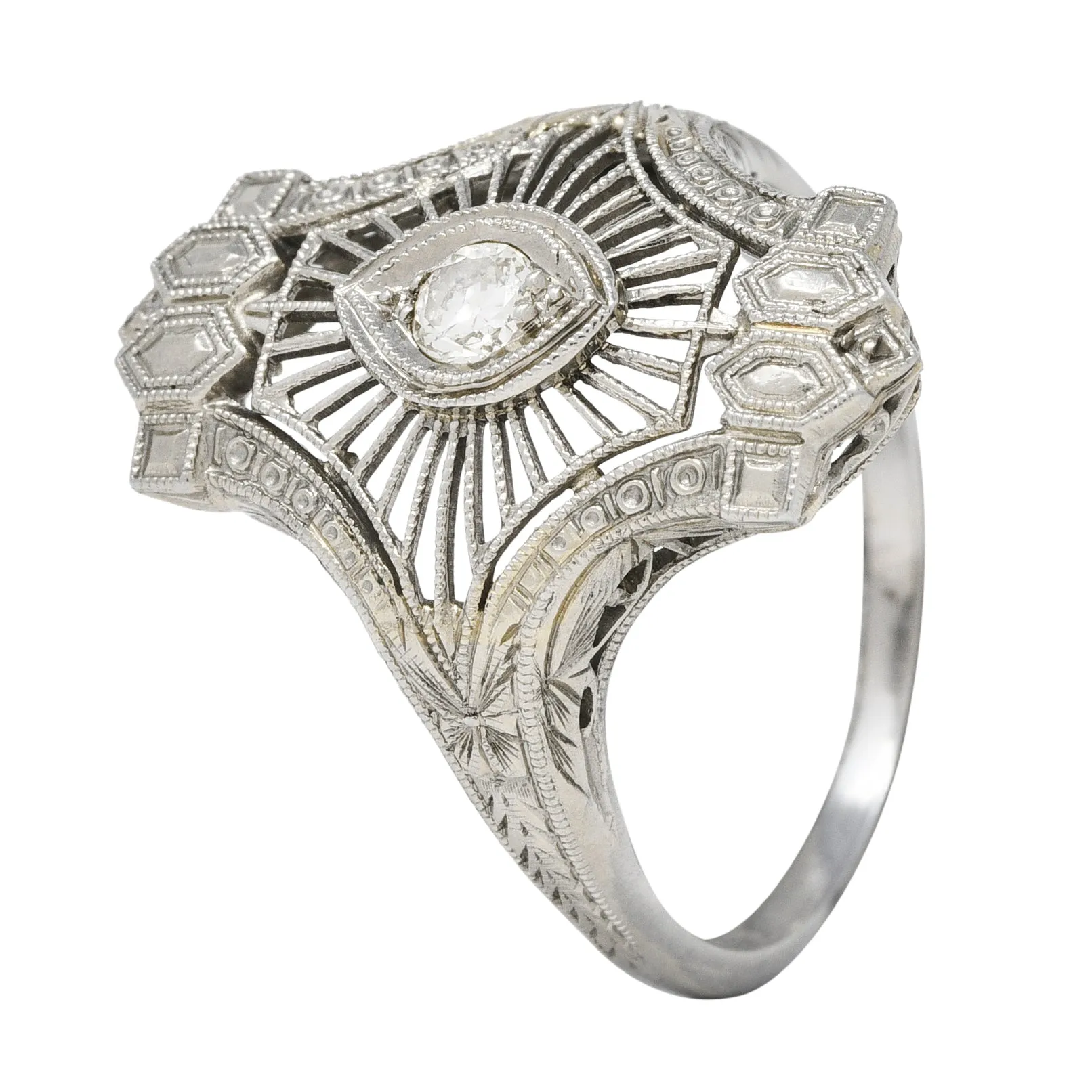 Art Deco Old European Cut Diamond 18 Karat White Gold Wheat Vintage Dinner Ring