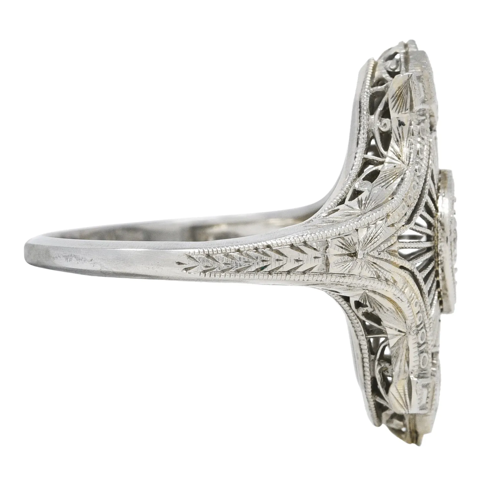 Art Deco Old European Cut Diamond 18 Karat White Gold Wheat Vintage Dinner Ring