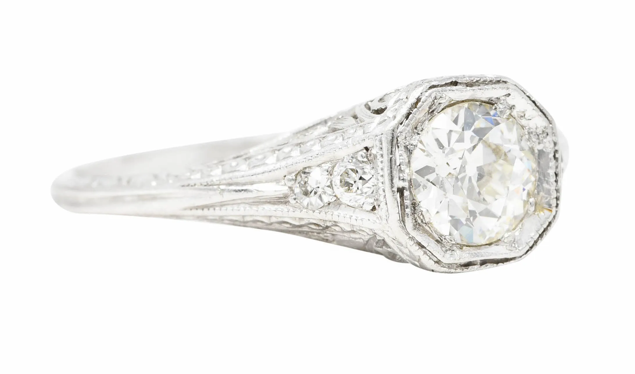 Art Deco Old European Cut Diamond Platinum Floral Antique Engagement Ring