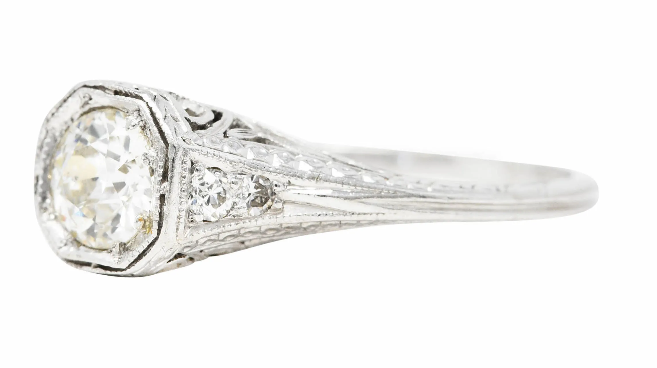 Art Deco Old European Cut Diamond Platinum Floral Antique Engagement Ring