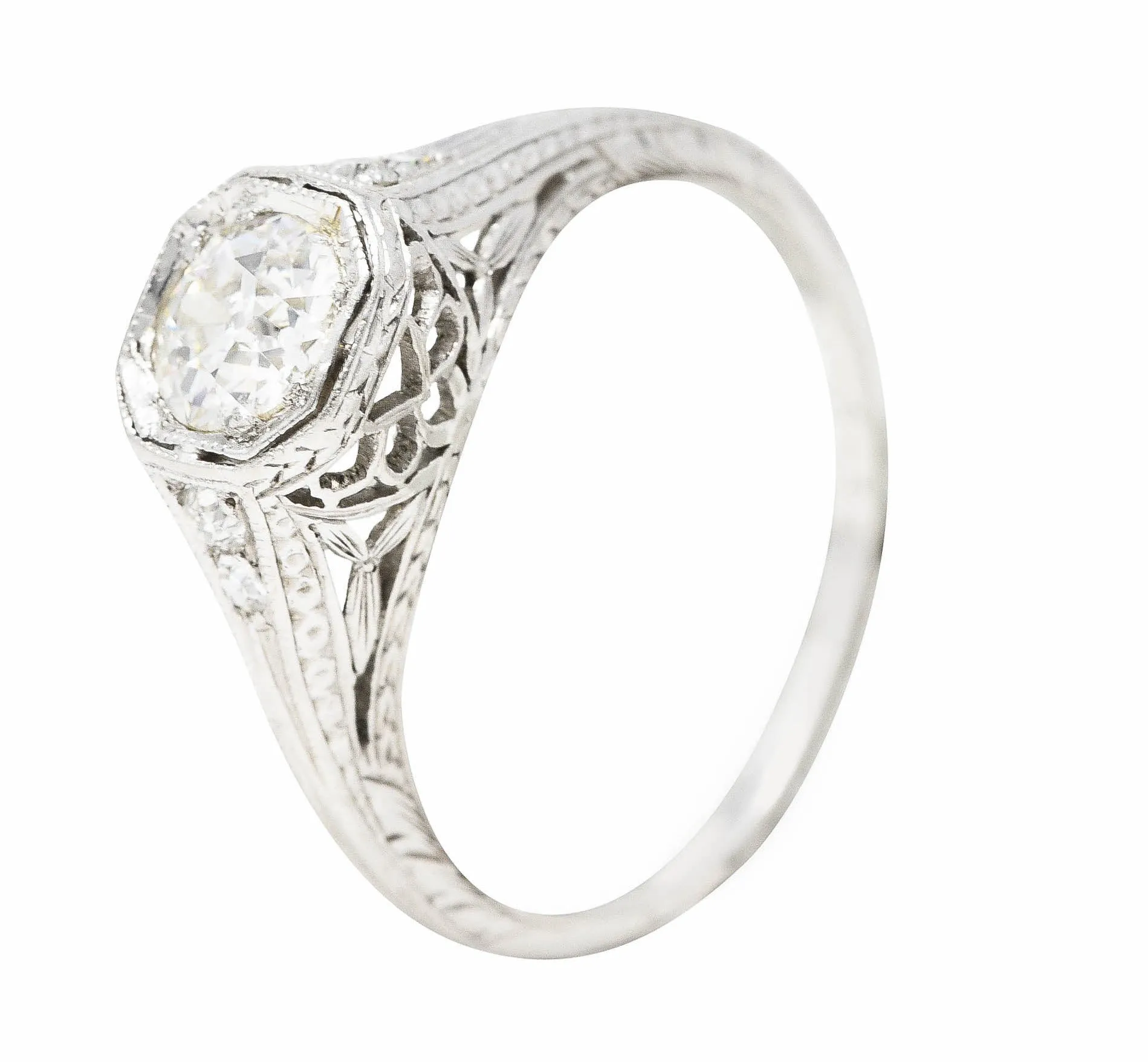 Art Deco Old European Cut Diamond Platinum Floral Antique Engagement Ring