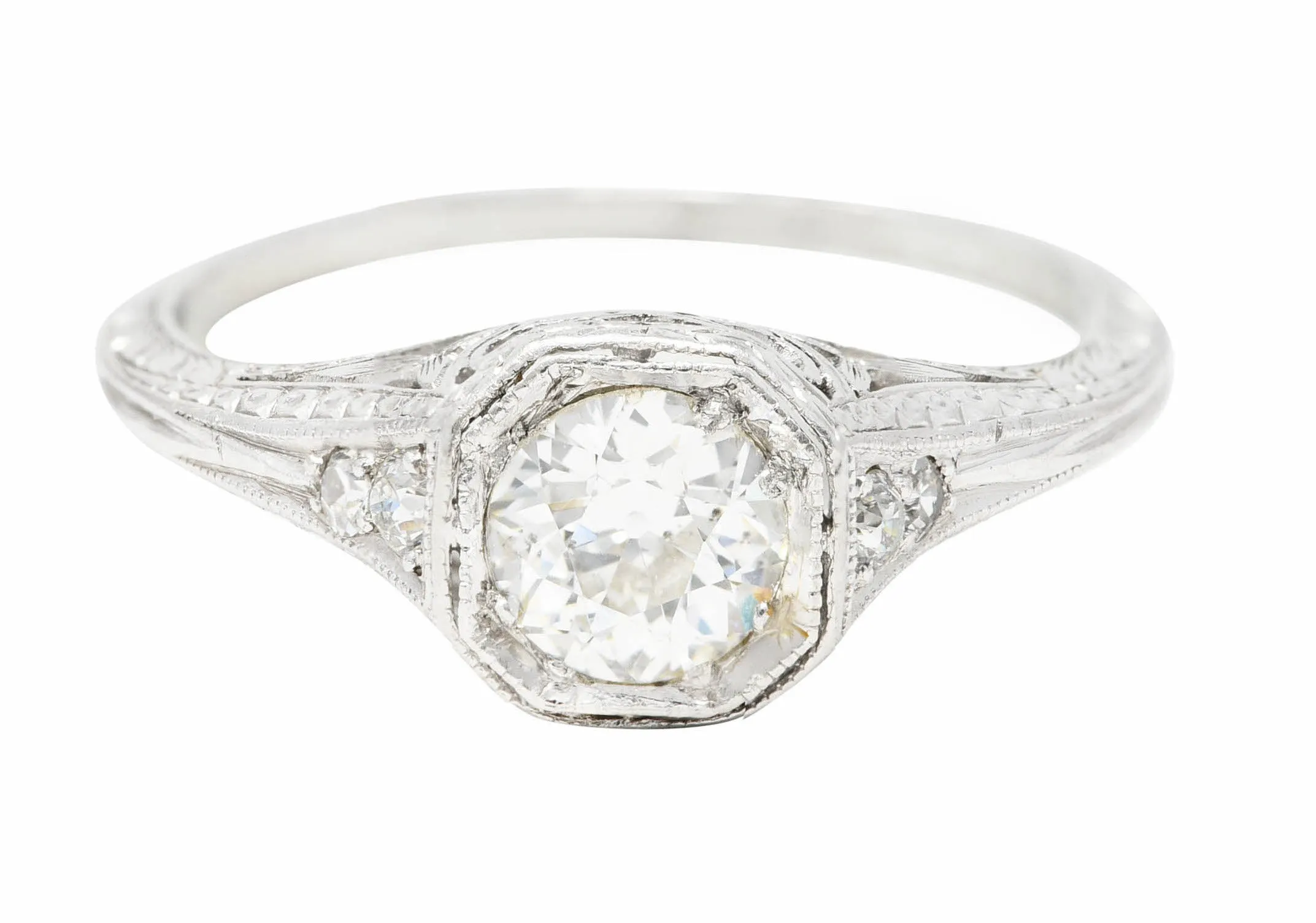 Art Deco Old European Cut Diamond Platinum Floral Antique Engagement Ring