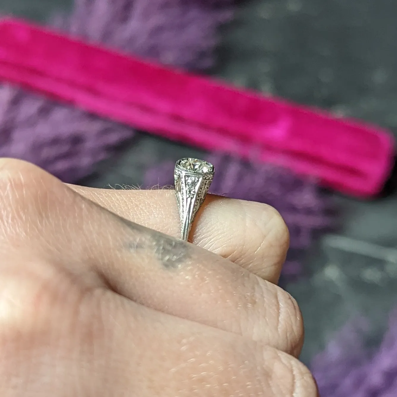 Art Deco Old European Cut Diamond Platinum Floral Antique Engagement Ring