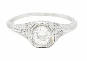 Art Deco Old European Cut Diamond Platinum Floral Antique Engagement Ring