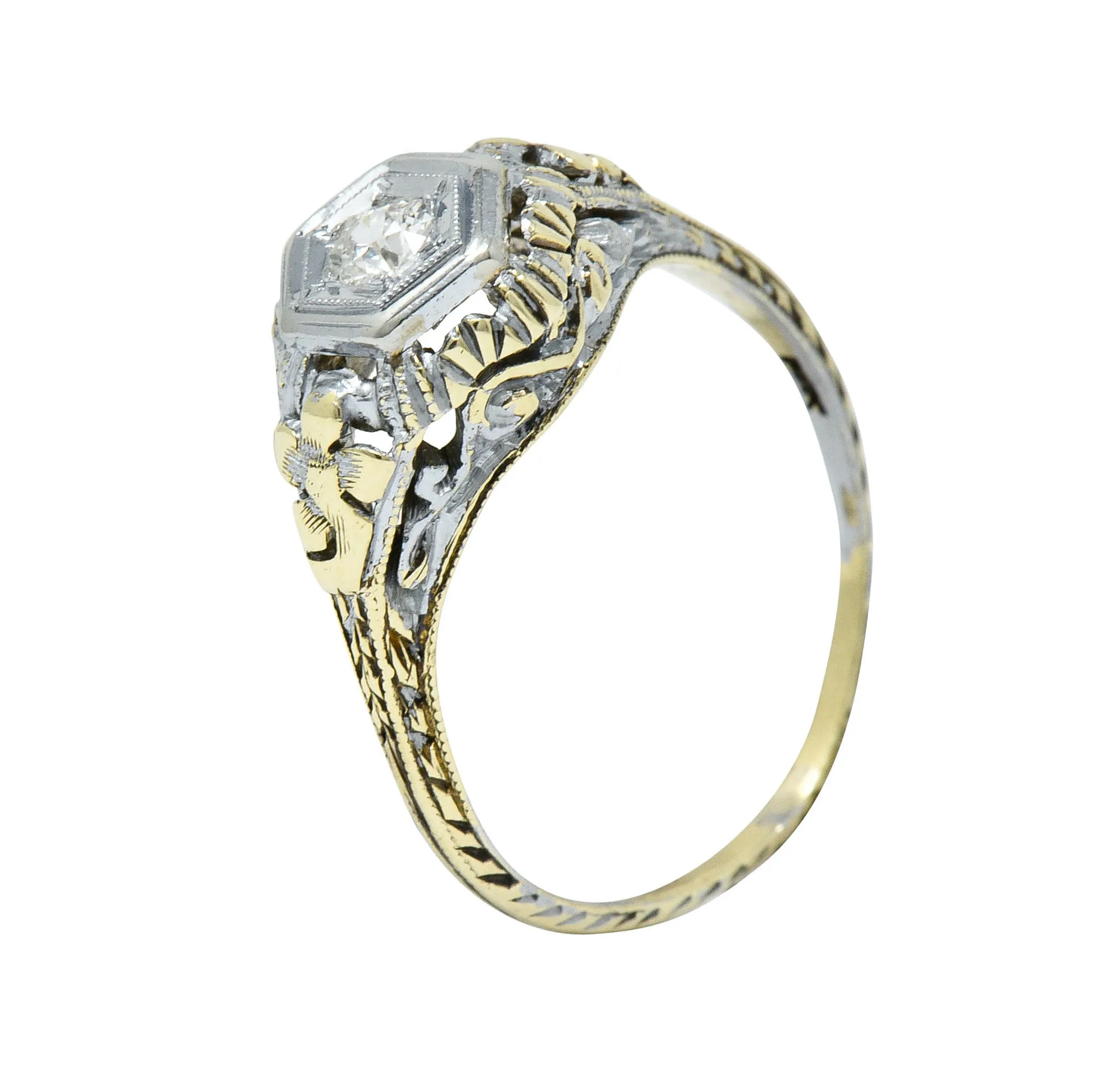 Art Deco Old European Diamond 14 Karat Two-Tone Gold Floral Engagement Ring