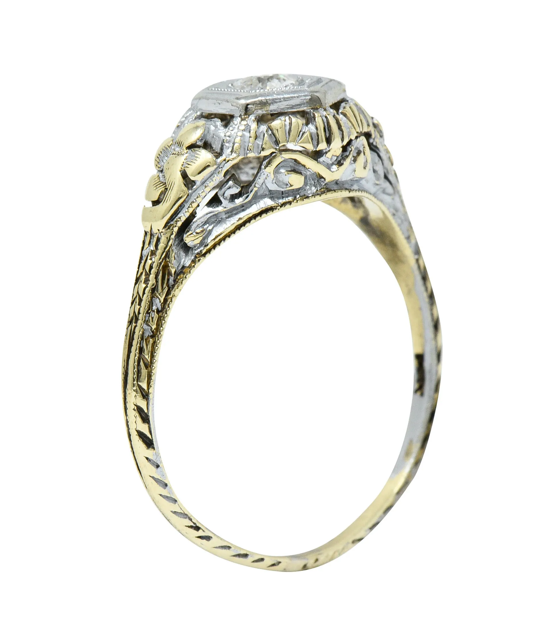 Art Deco Old European Diamond 14 Karat Two-Tone Gold Floral Engagement Ring
