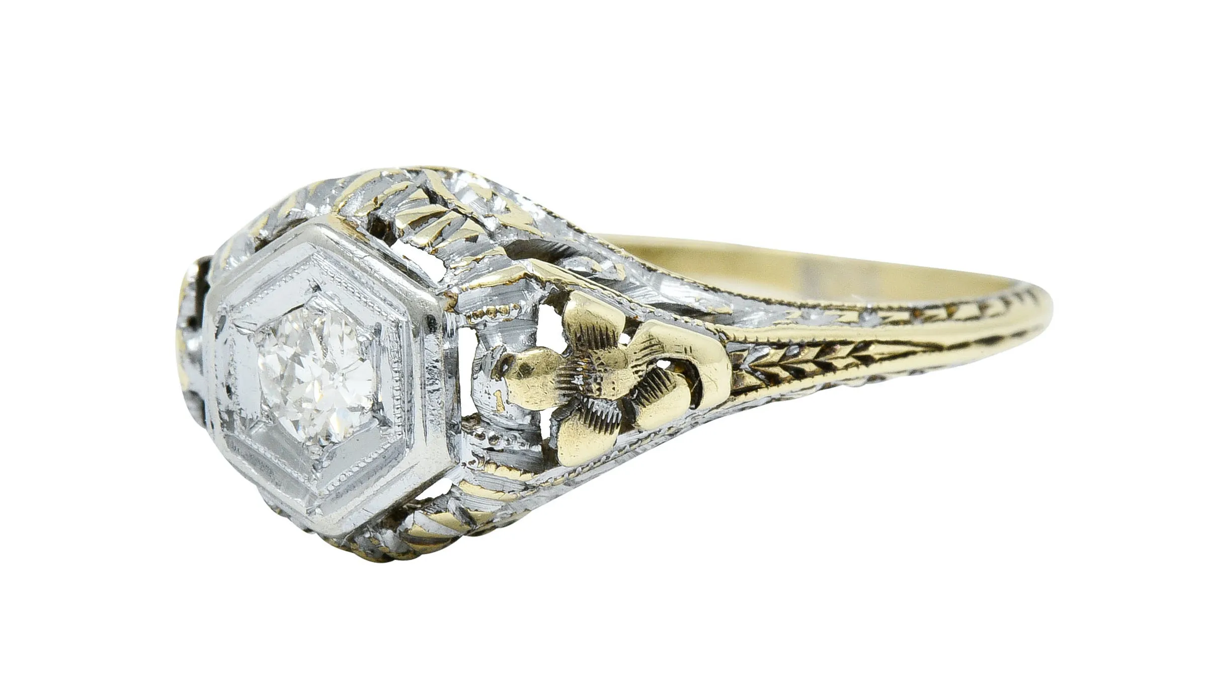 Art Deco Old European Diamond 14 Karat Two-Tone Gold Floral Engagement Ring