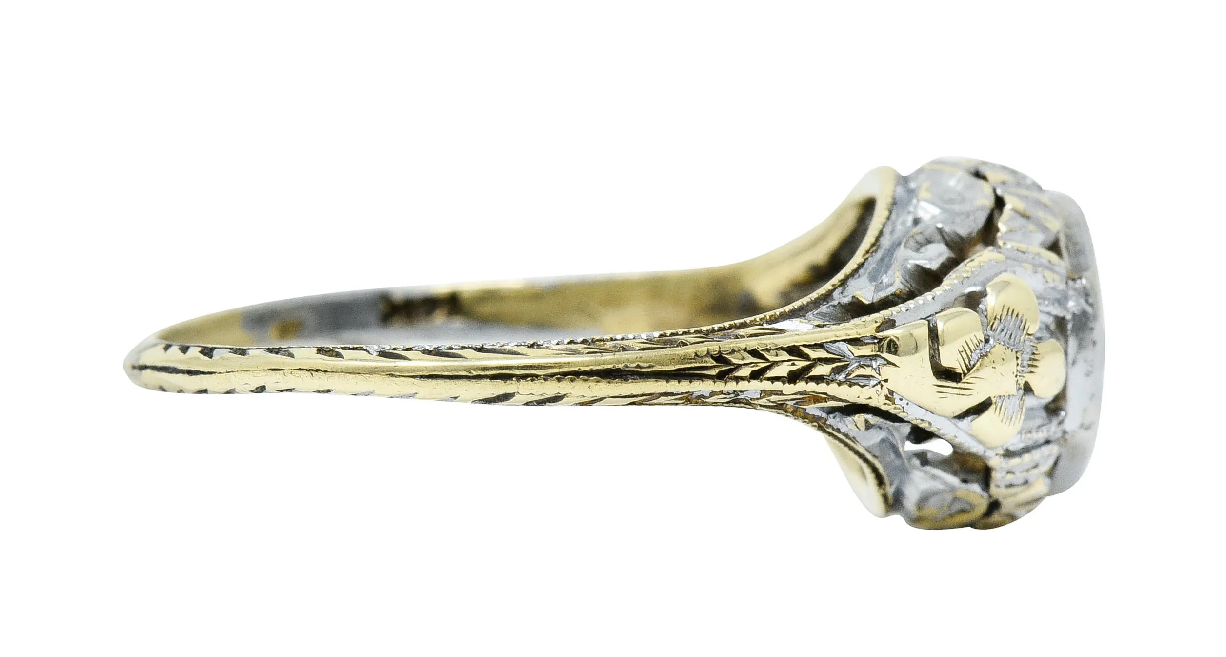 Art Deco Old European Diamond 14 Karat Two-Tone Gold Floral Engagement Ring