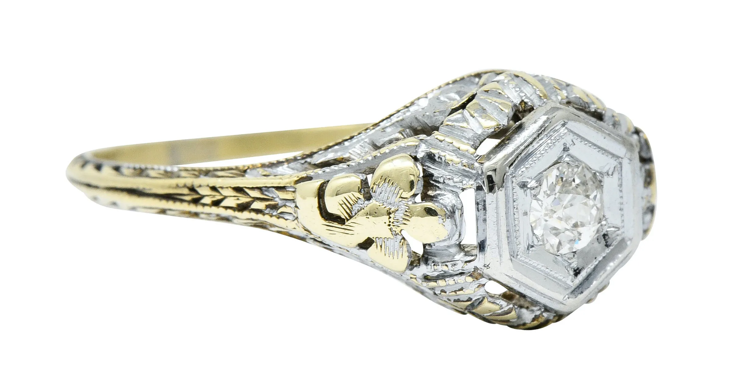Art Deco Old European Diamond 14 Karat Two-Tone Gold Floral Engagement Ring