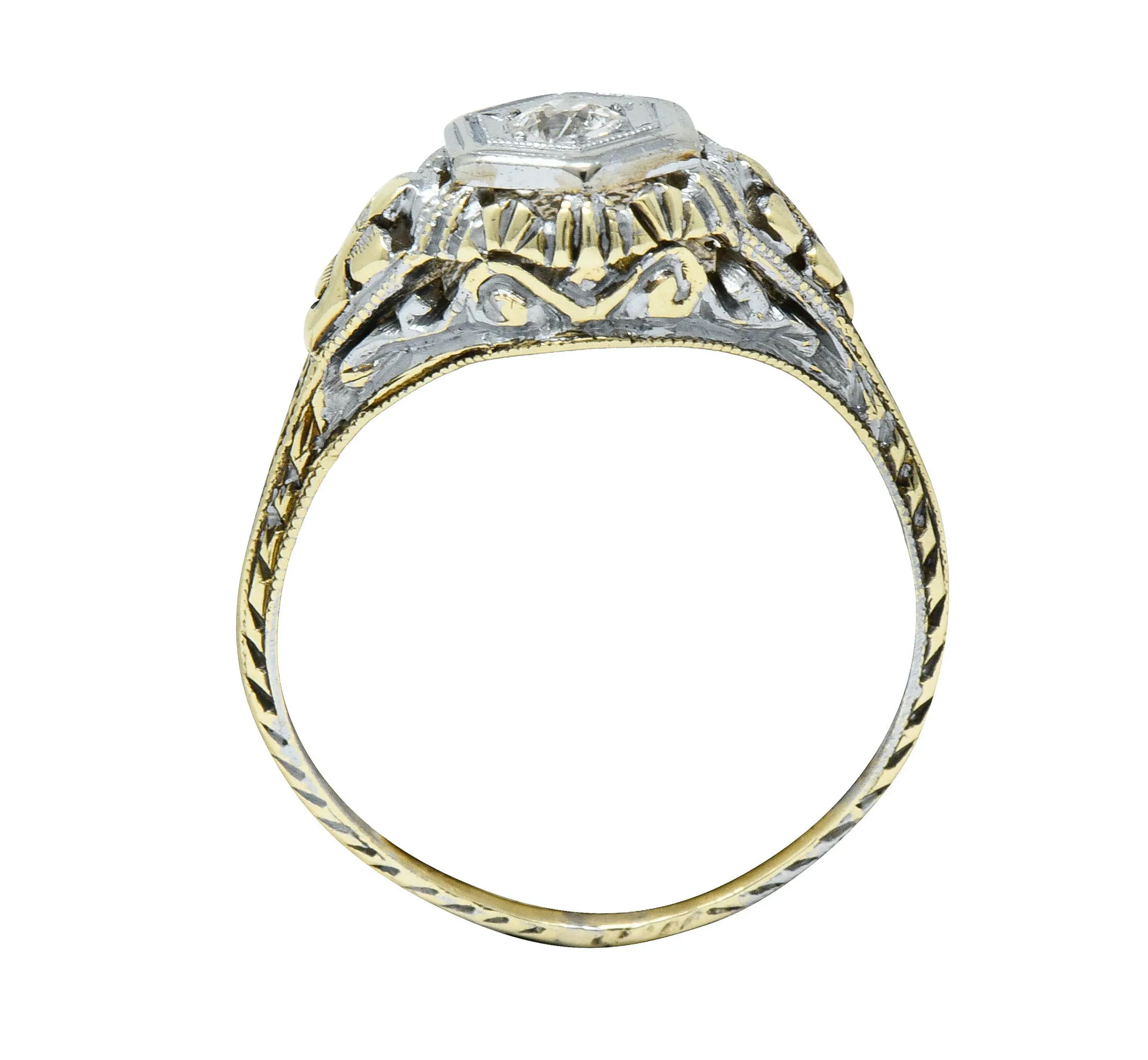 Art Deco Old European Diamond 14 Karat Two-Tone Gold Floral Engagement Ring
