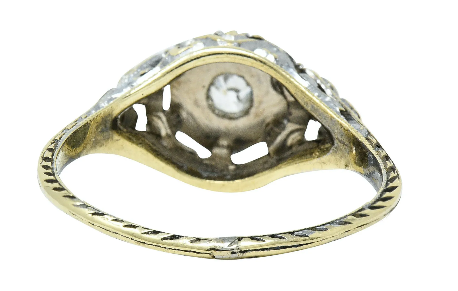 Art Deco Old European Diamond 14 Karat Two-Tone Gold Floral Engagement Ring