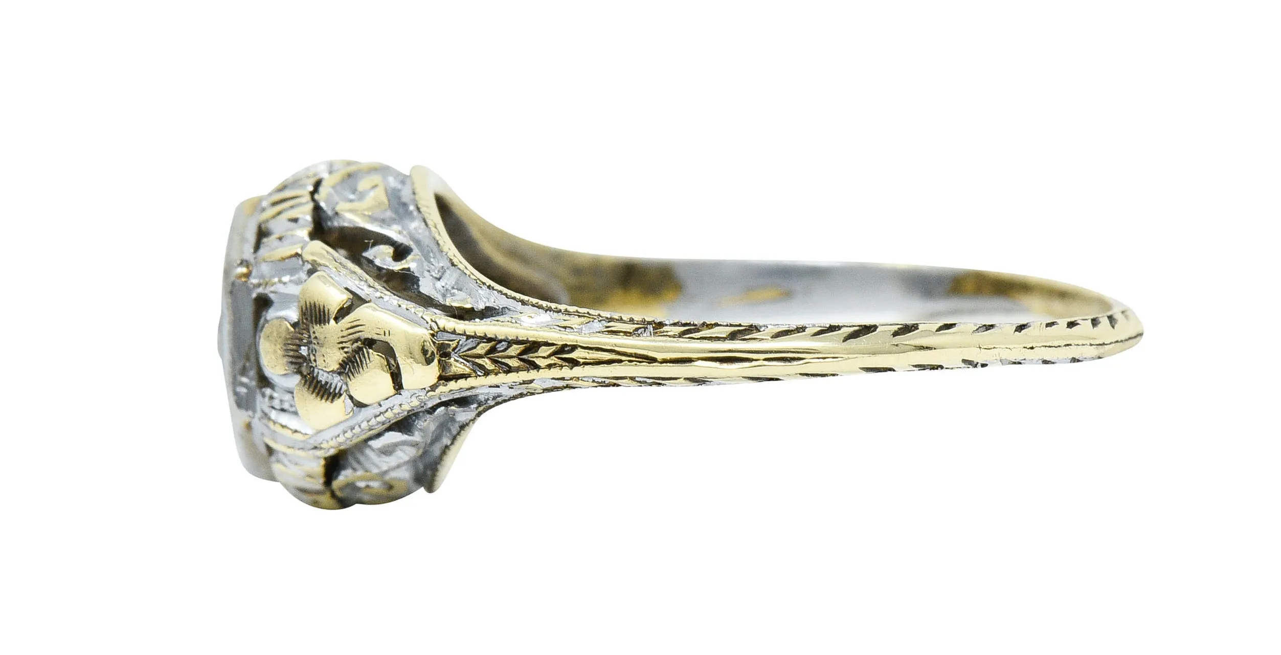 Art Deco Old European Diamond 14 Karat Two-Tone Gold Floral Engagement Ring