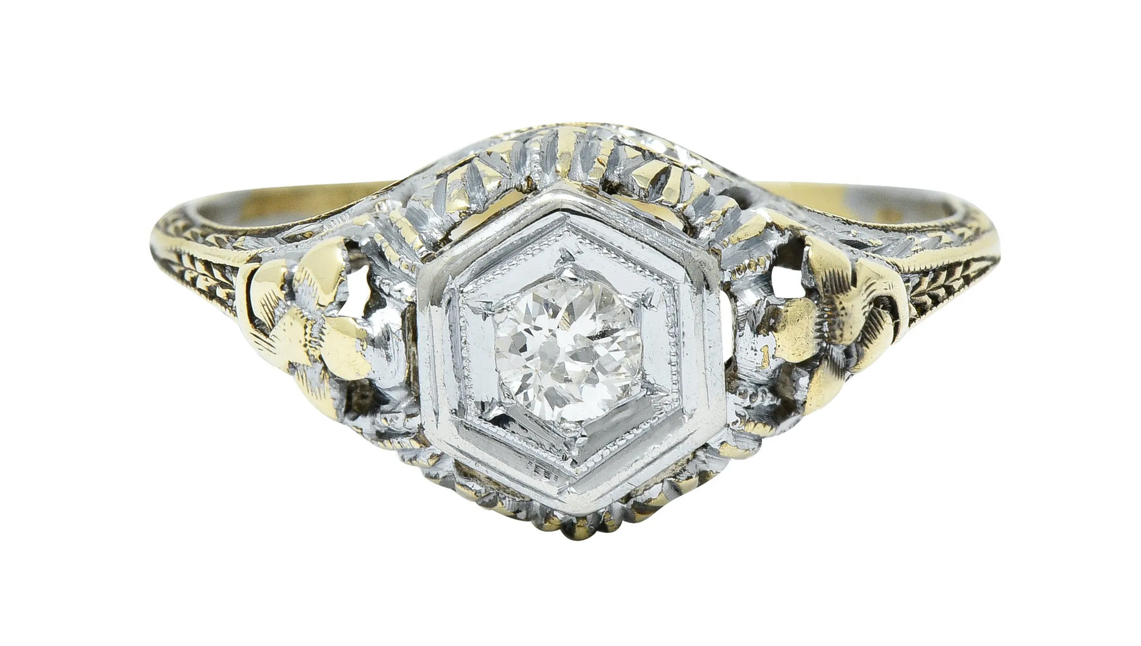 Art Deco Old European Diamond 14 Karat Two-Tone Gold Floral Engagement Ring