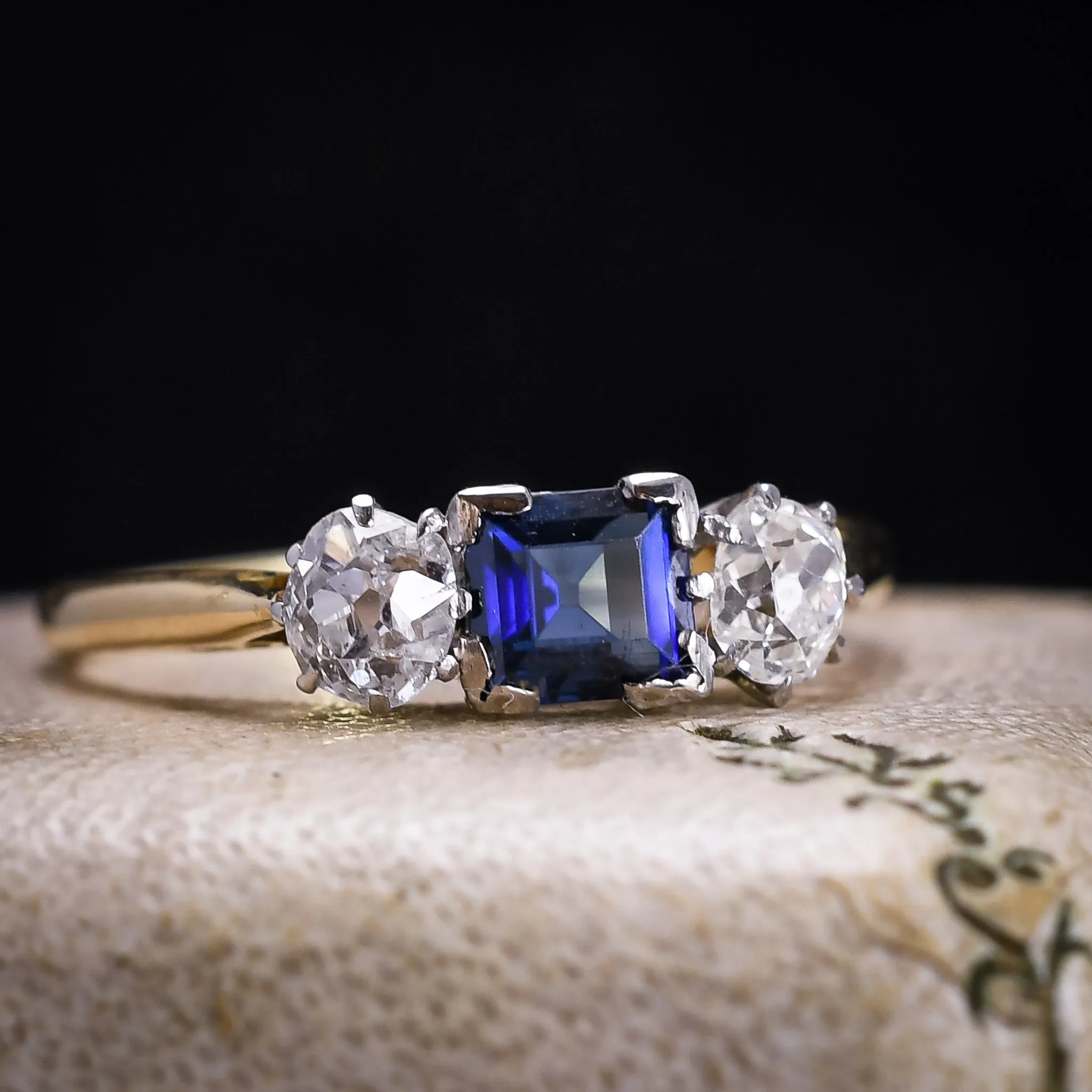 Art Deco Square Sapphire & Diamond Trilogy Ring