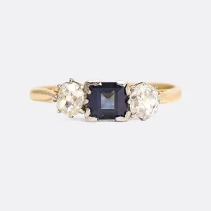 Art Deco Square Sapphire & Diamond Trilogy Ring