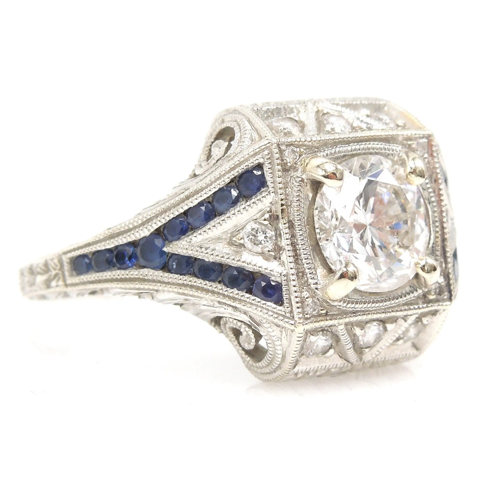 Art Deco Style 1.40ct Diamond Engagement Ring with Sapphire Accents in 14K White Gold