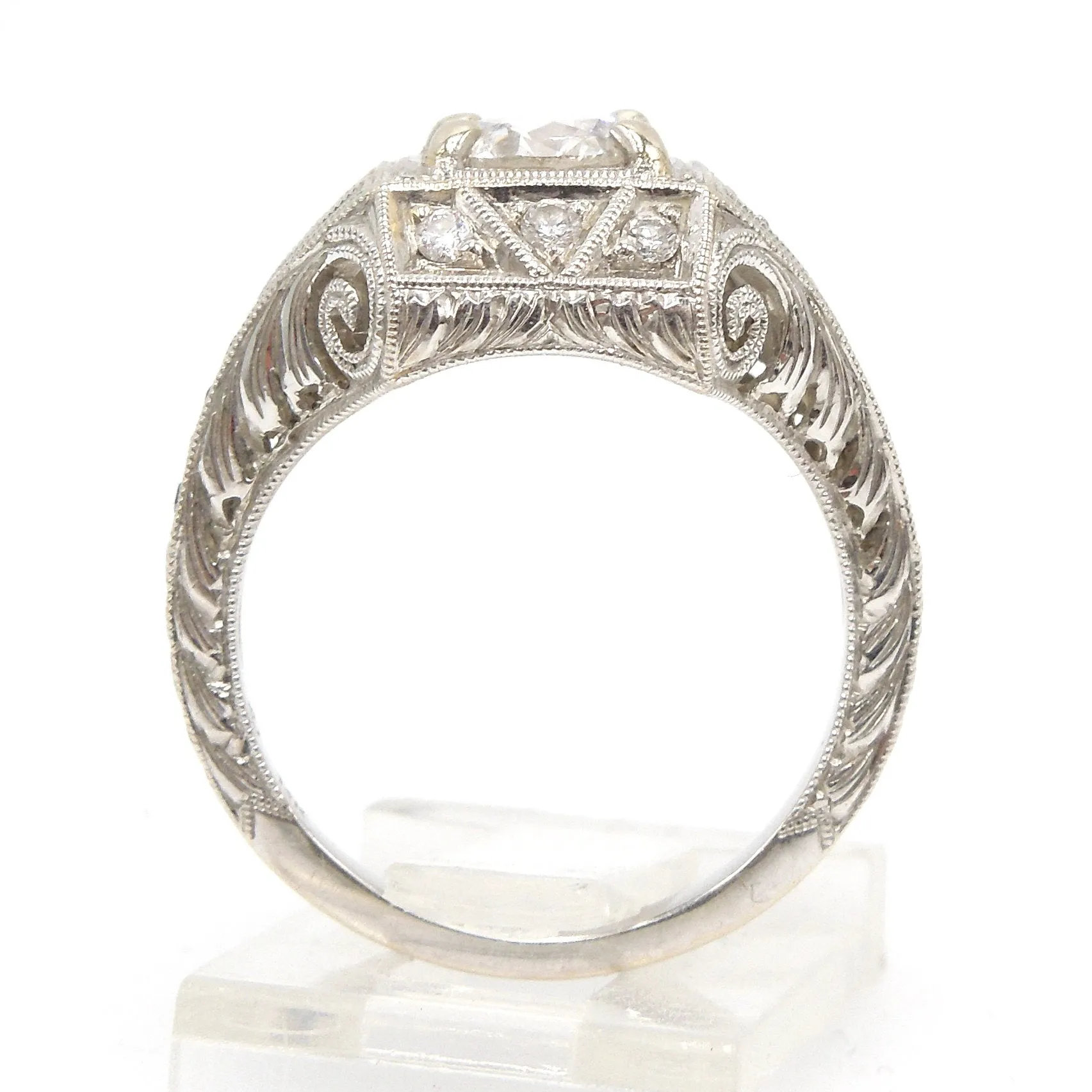 Art Deco Style 1.40ct Diamond Engagement Ring with Sapphire Accents in 14K White Gold