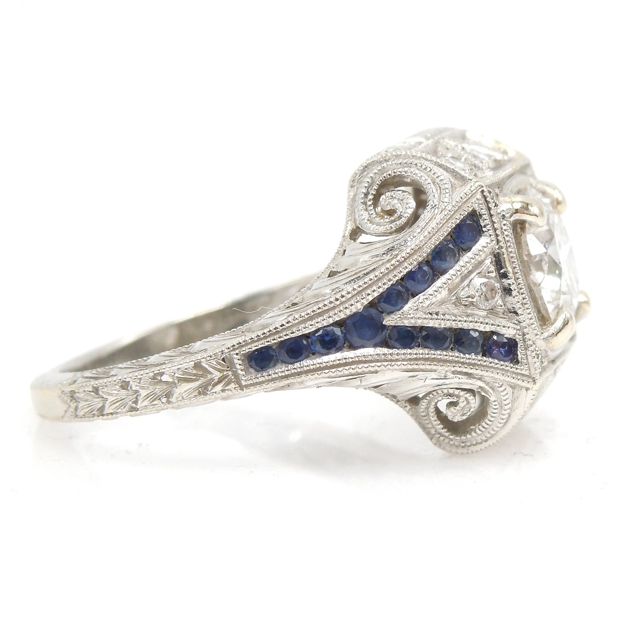 Art Deco Style 1.40ct Diamond Engagement Ring with Sapphire Accents in 14K White Gold