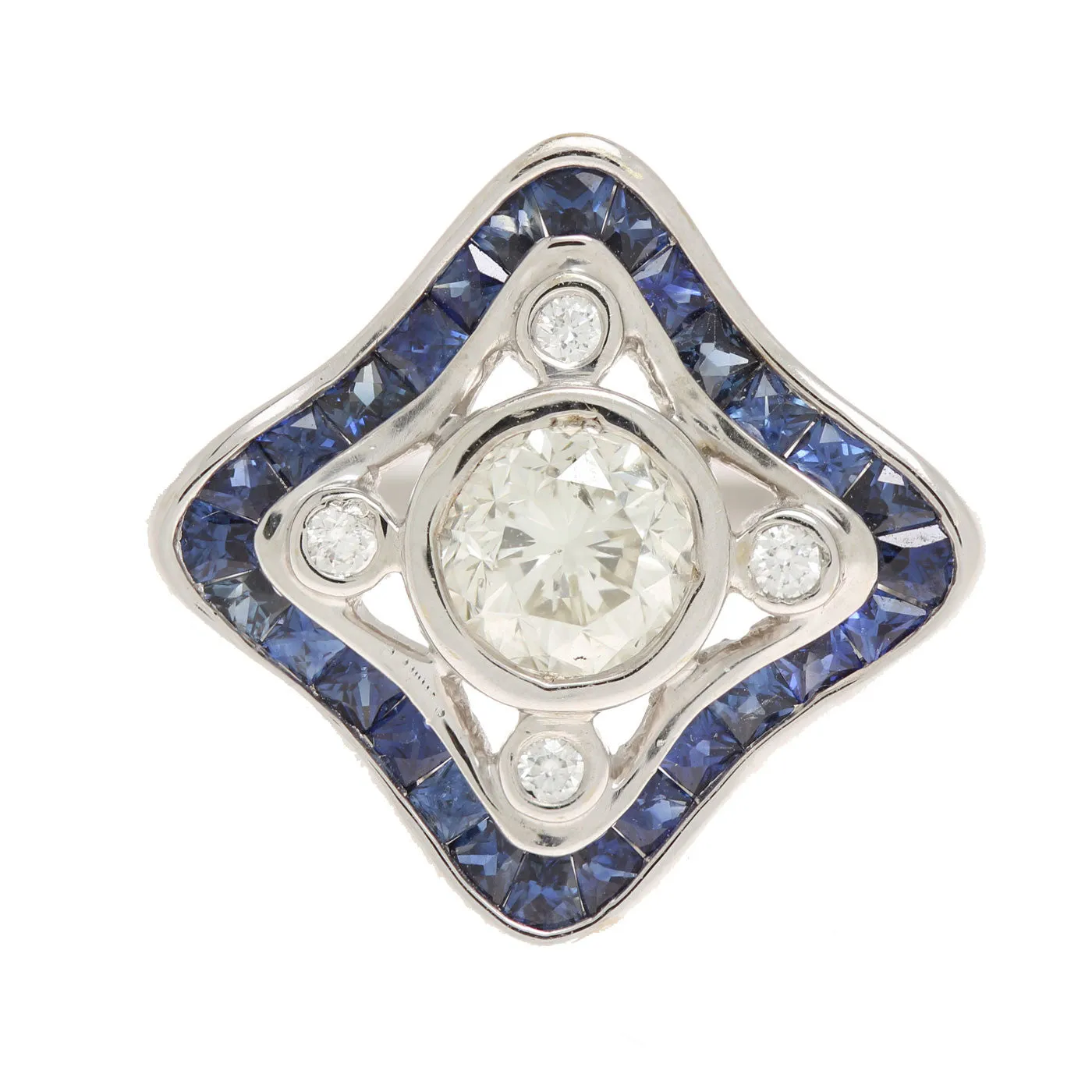 Art Deco Style 18K White Gold Diamond and Sapphire Ring