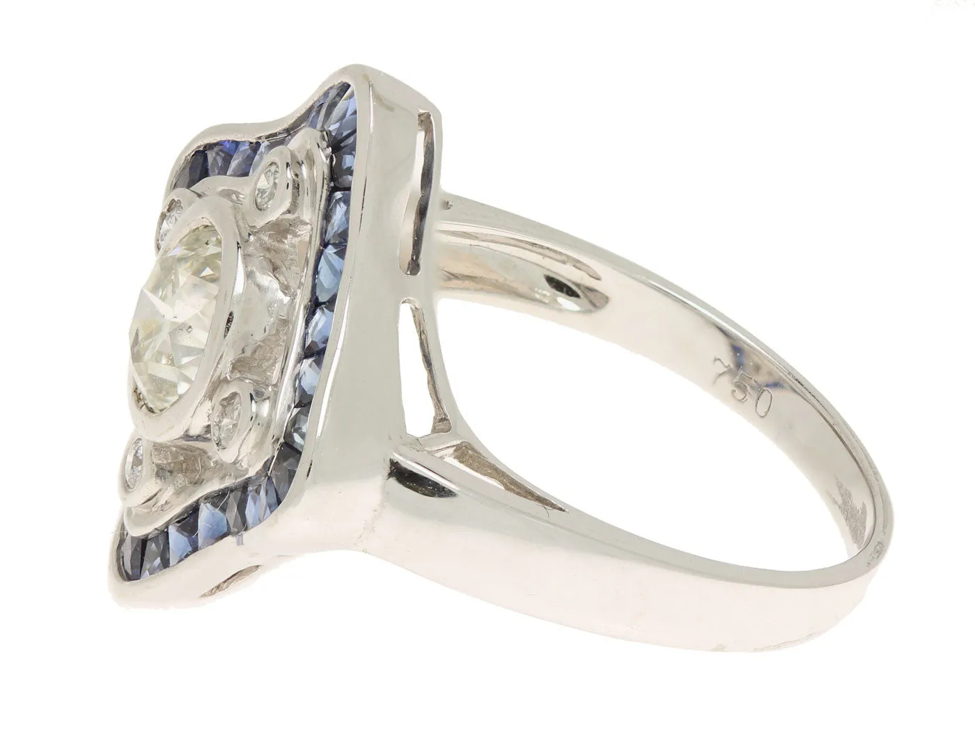 Art Deco Style 18K White Gold Diamond and Sapphire Ring