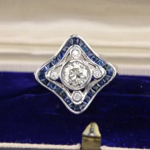 Art Deco Style 18K White Gold Diamond and Sapphire Ring